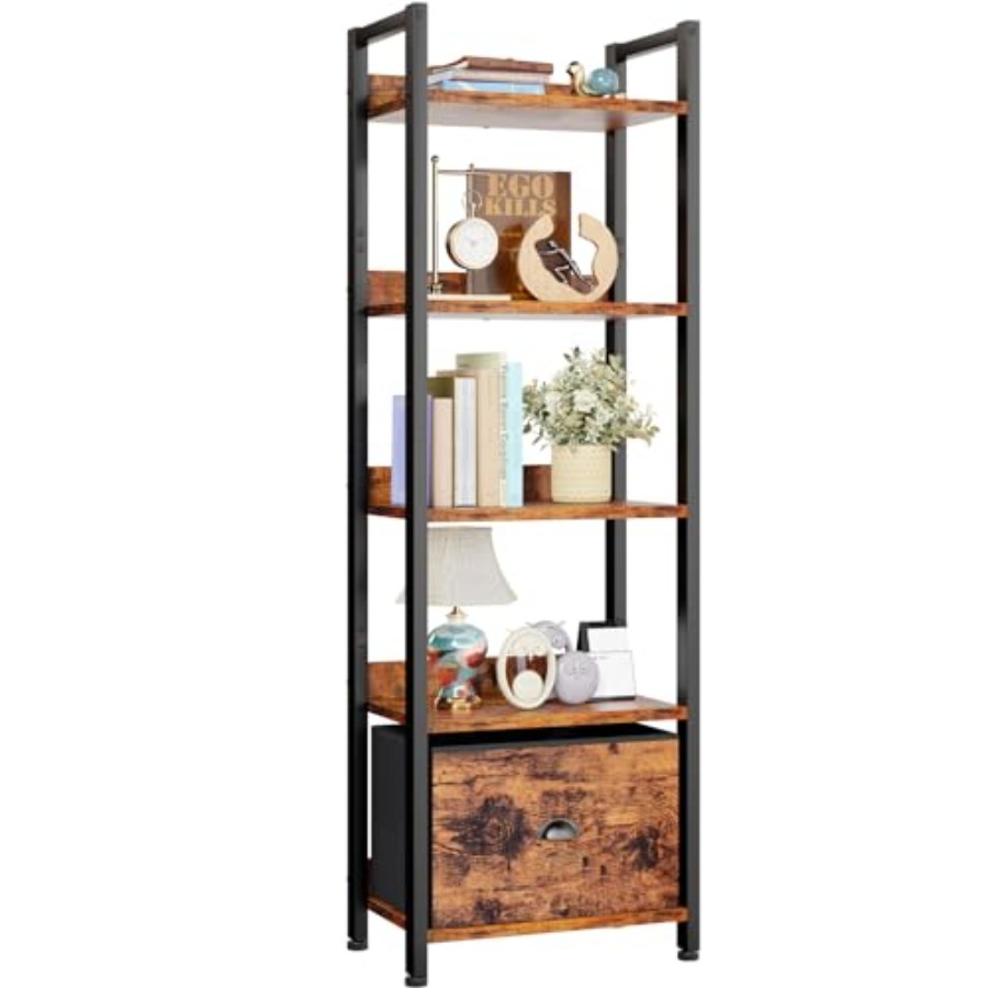 Bookshelf 5 Tier - 5 Tier Bookshelf with Drawer, Tall