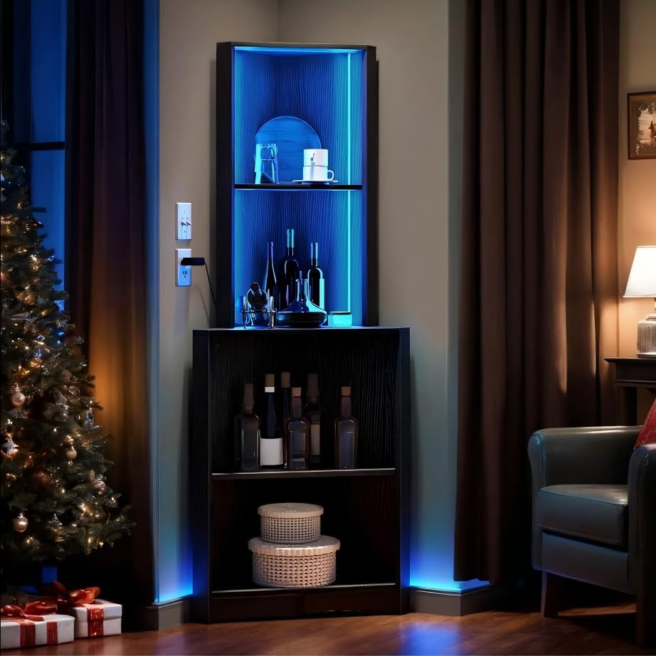 Bookshelf 5 Tier - Corner Shelf Stand with Led Light,