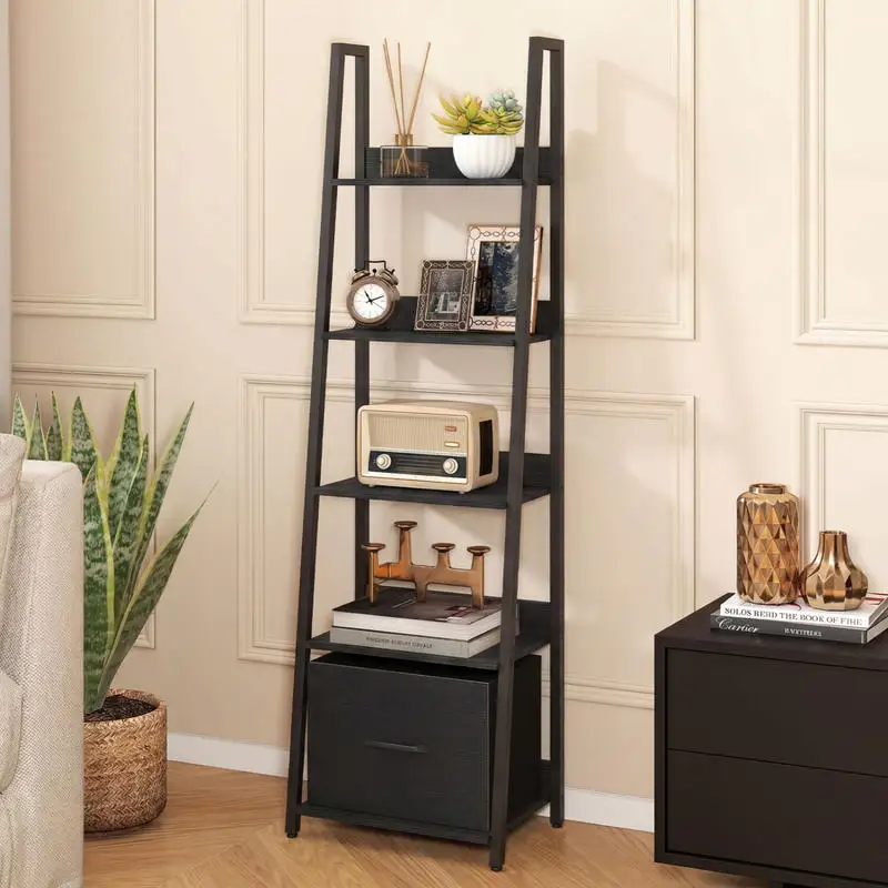 Bookshelf 5 Tier - 5-Tier Ladder Bookshelf with Fabric Drawer